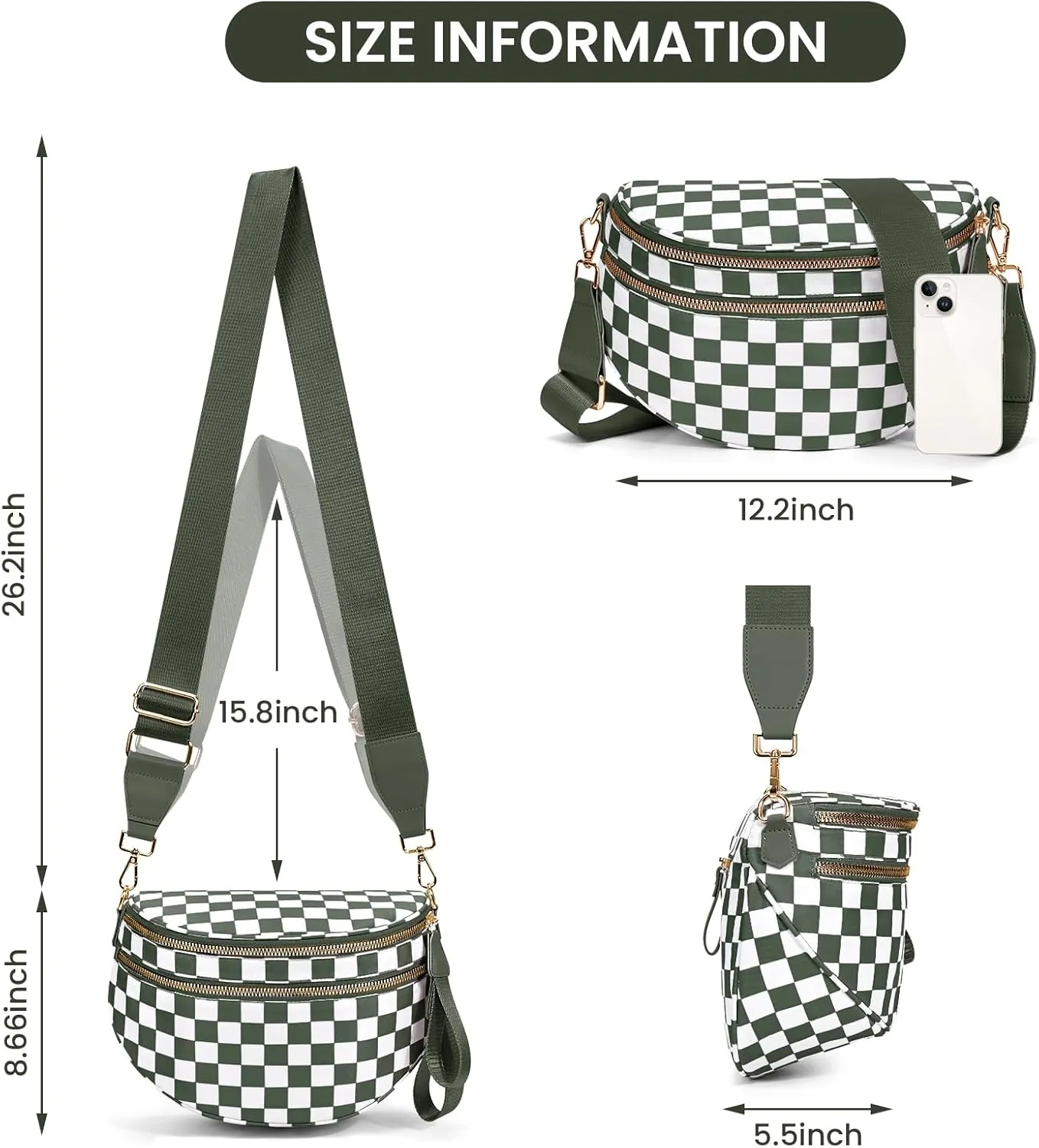 Nylon Crossbody Bag for Women,Checkered Bum Bag Checkered Black and White Handbags Wallets Oversized Slouchy Belt Bag