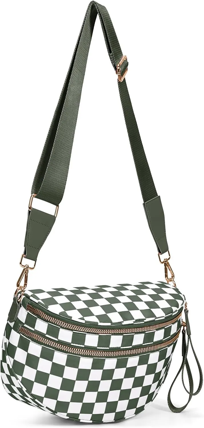 Nylon Crossbody Bag for Women,Checkered Bum Bag Checkered Black and White Handbags Wallets Oversized Slouchy Belt Bag