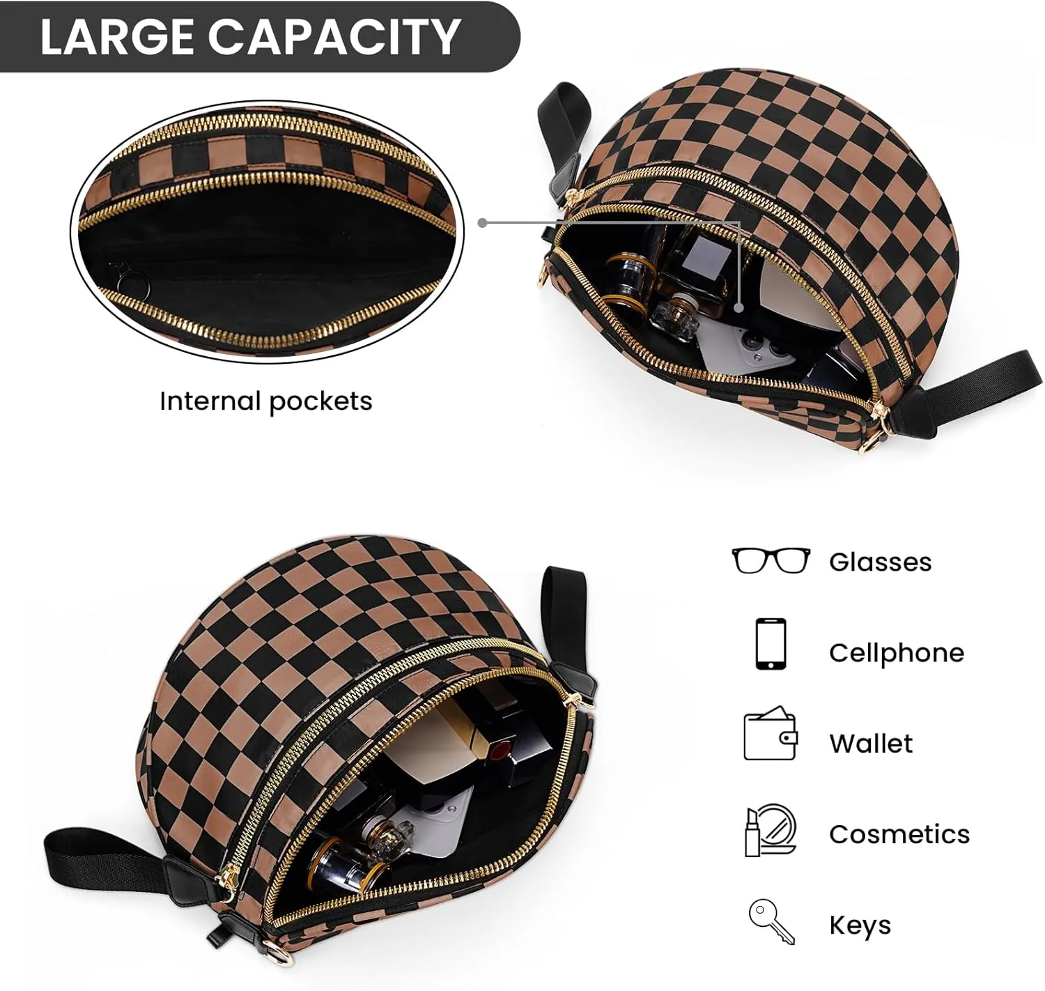Nylon Crossbody Bag for Women,Checkered Bum Bag Checkered Black and White Handbags Wallets Oversized Slouchy Belt Bag