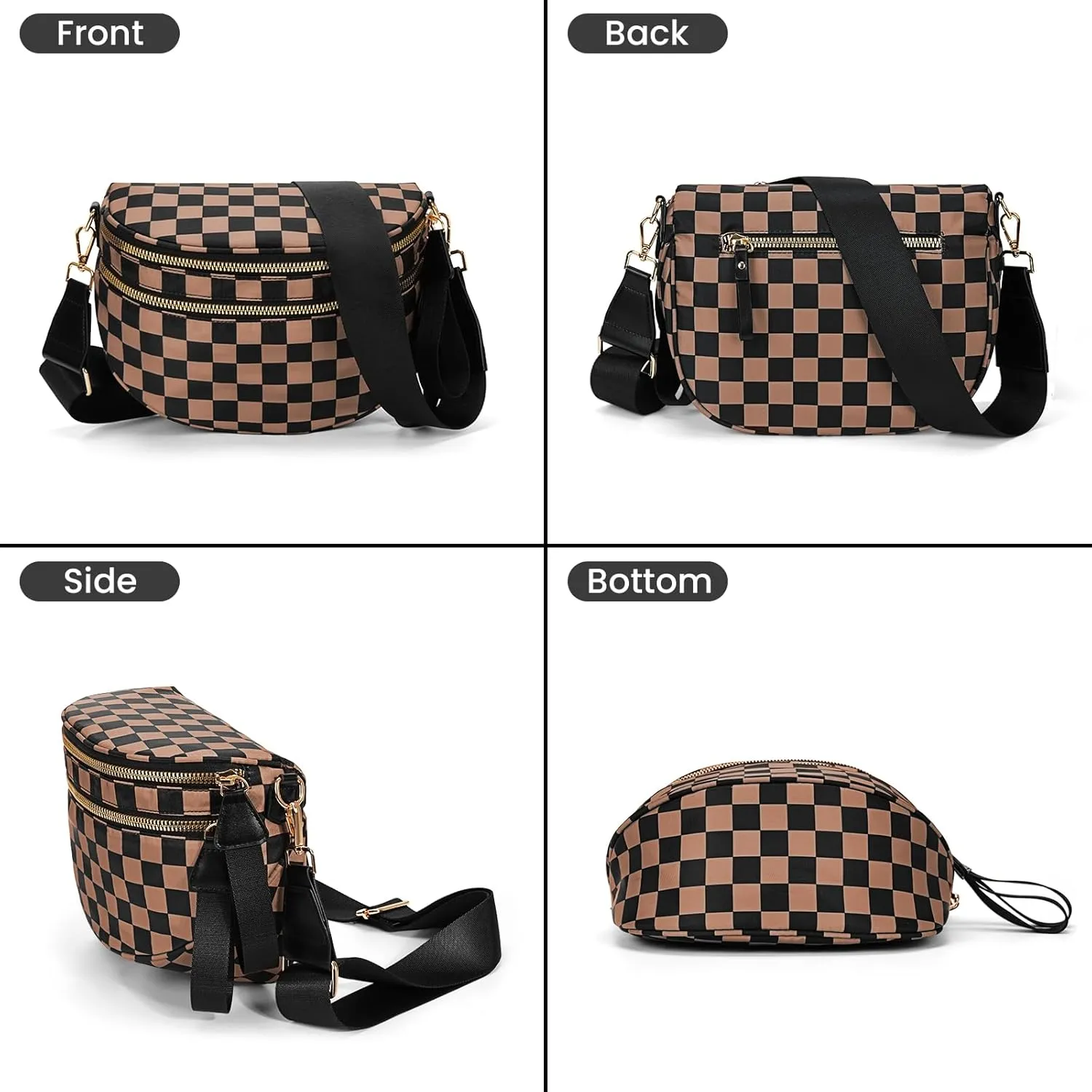 Nylon Crossbody Bag for Women,Checkered Bum Bag Checkered Black and White Handbags Wallets Oversized Slouchy Belt Bag