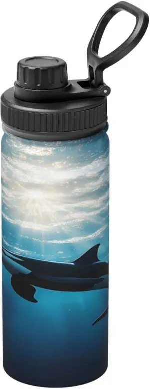 Ocean Dolphin 18oz Vacuum Insulated Water Bottle with Spout Lid and Handle, Sunshine Sea Stainless Steel Thermal Water Jug, Leakproof Flask for Gym Hiking Travel Office