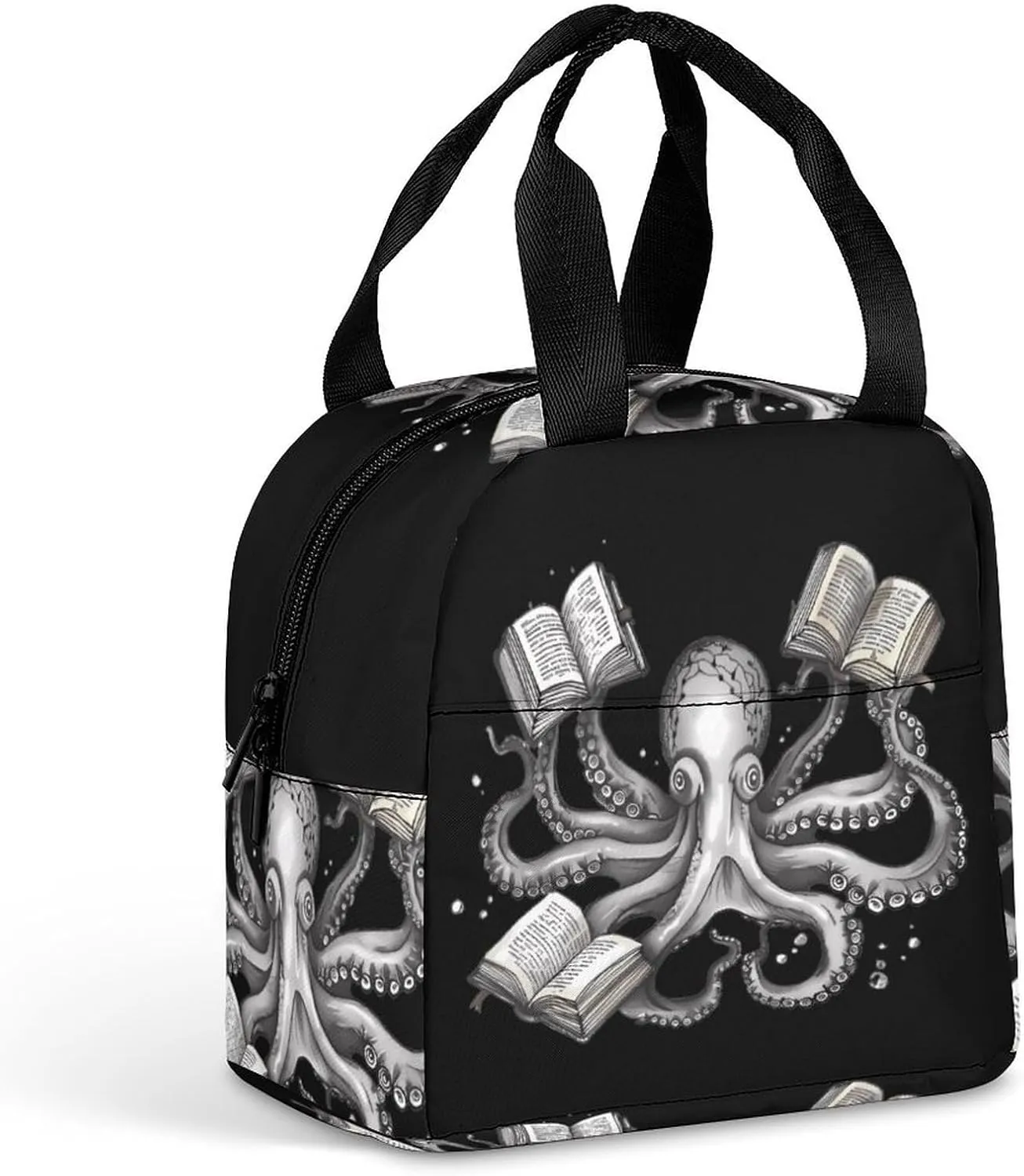Octopus Armed With Knowledge Funny Reusable Lunch Bag Insulated Tote Box Cooler Food Handbags Case For Women Men 8.5 X 8 X 5 Inches