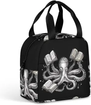 Octopus Armed With Knowledge Funny Reusable Lunch Bag Insulated Tote Box Cooler Food Handbags Case For Women Men 8.5 X 8 X 5 Inches