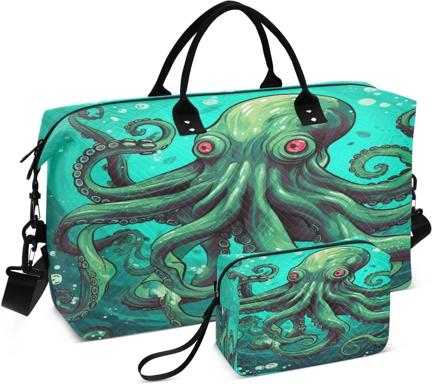 Octopus Green Travel Duffel Bag with Toiletry Bag Weekender Bag for Carry on Sports Gym Bag for Overnight Weekend