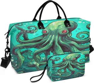 Octopus Green Travel Duffel Bag with Toiletry Bag Weekender Bag for Carry on Sports Gym Bag for Overnight Weekend