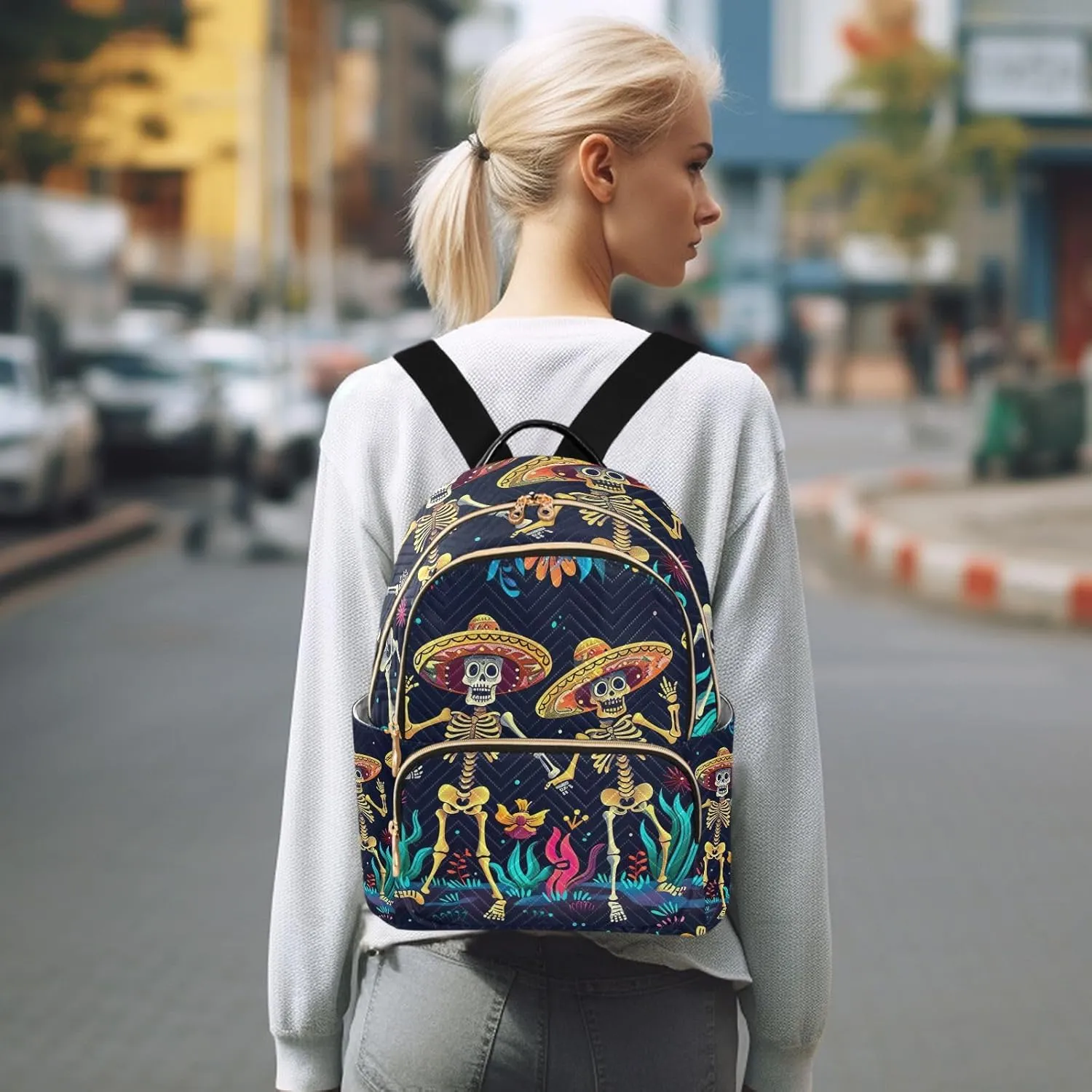 ODAWA Quilted Backpack Cinco De Mayo Dancing Cute Skeletons Purse Backpack for Women Small Travel Backpack with Luggage Strap