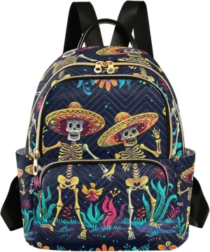 ODAWA Quilted Backpack Cinco De Mayo Dancing Cute Skeletons Purse Backpack for Women Small Travel Backpack with Luggage Strap