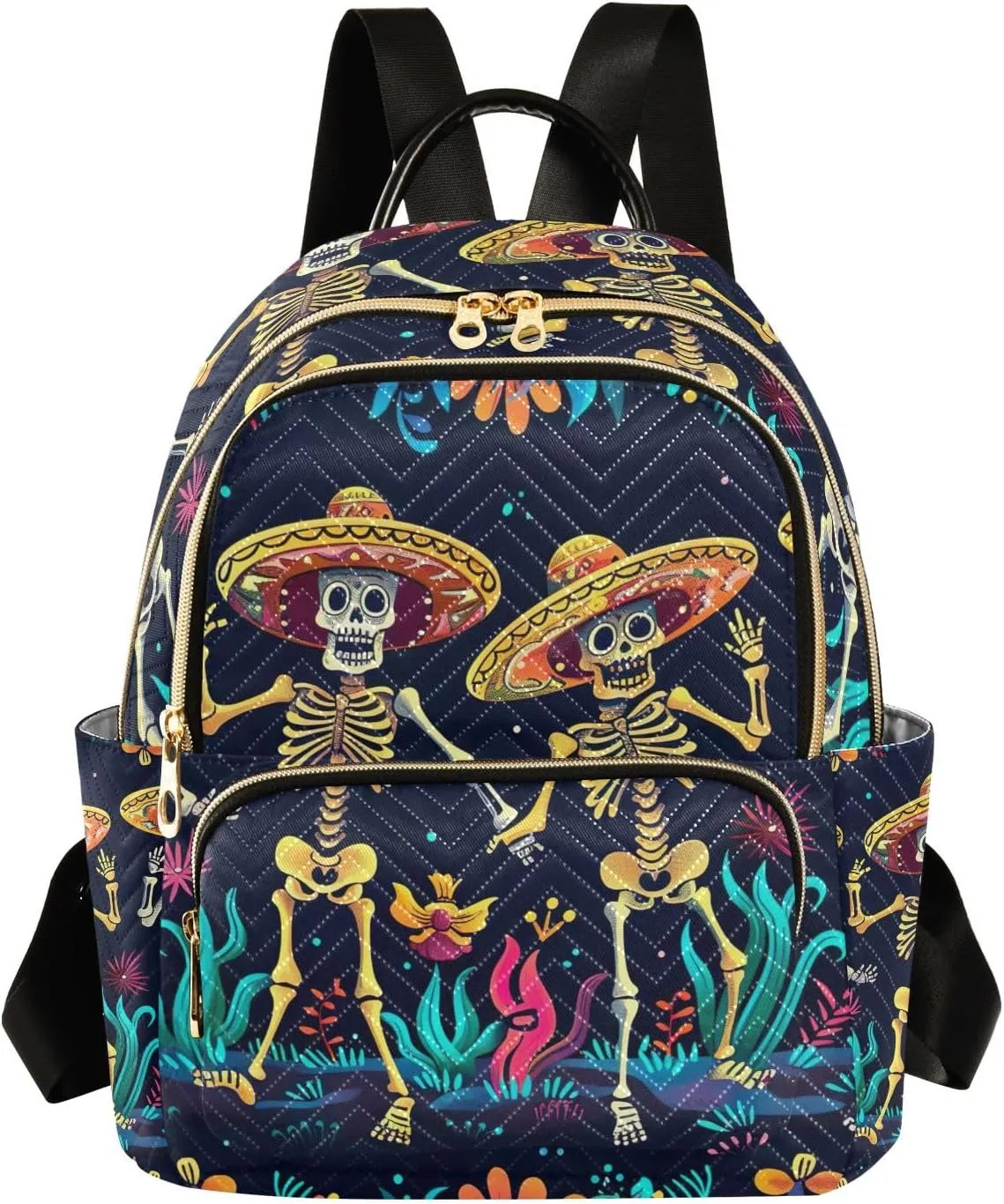ODAWA Quilted Backpack Cinco De Mayo Dancing Cute Skeletons Purse Backpack for Women Small Travel Backpack with Luggage Strap