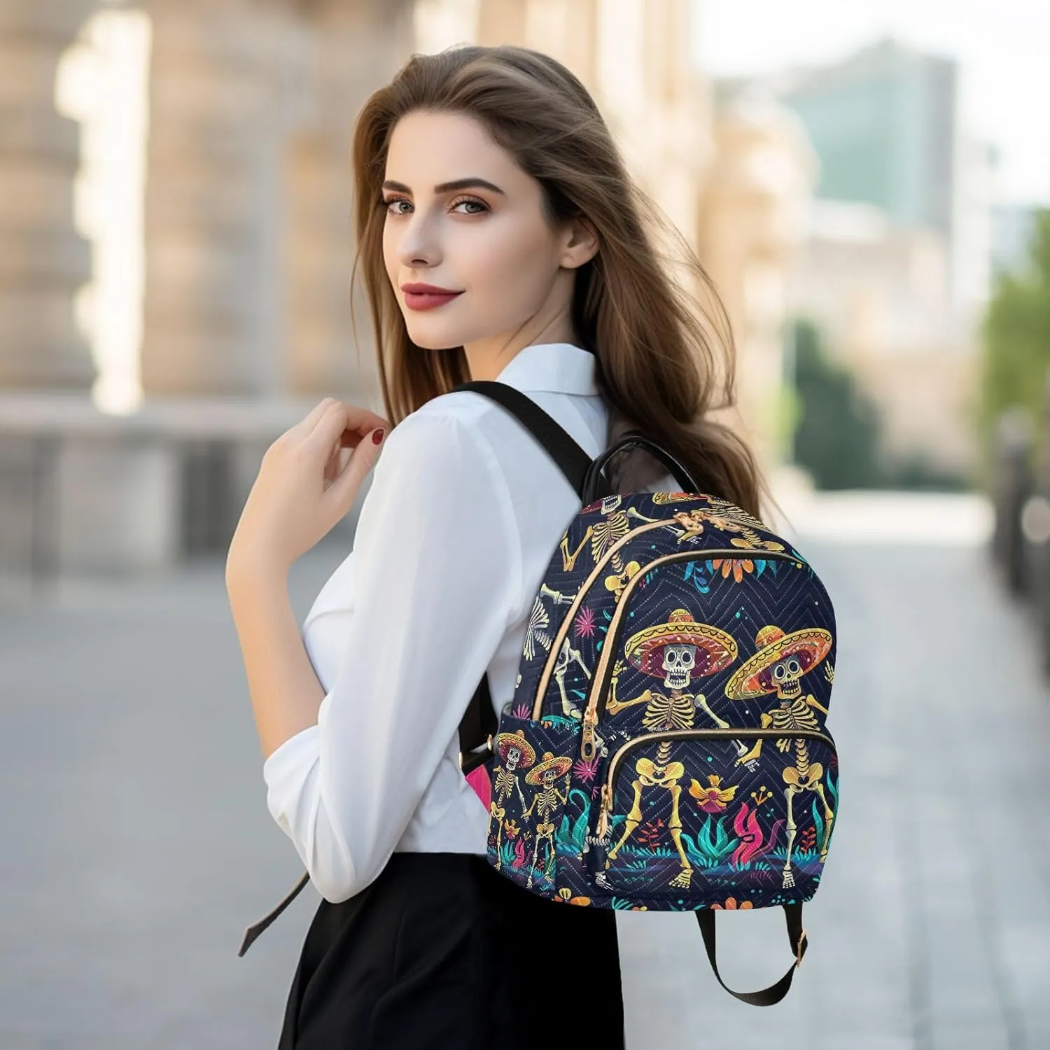 ODAWA Quilted Backpack Cinco De Mayo Dancing Cute Skeletons Purse Backpack for Women Small Travel Backpack with Luggage Strap