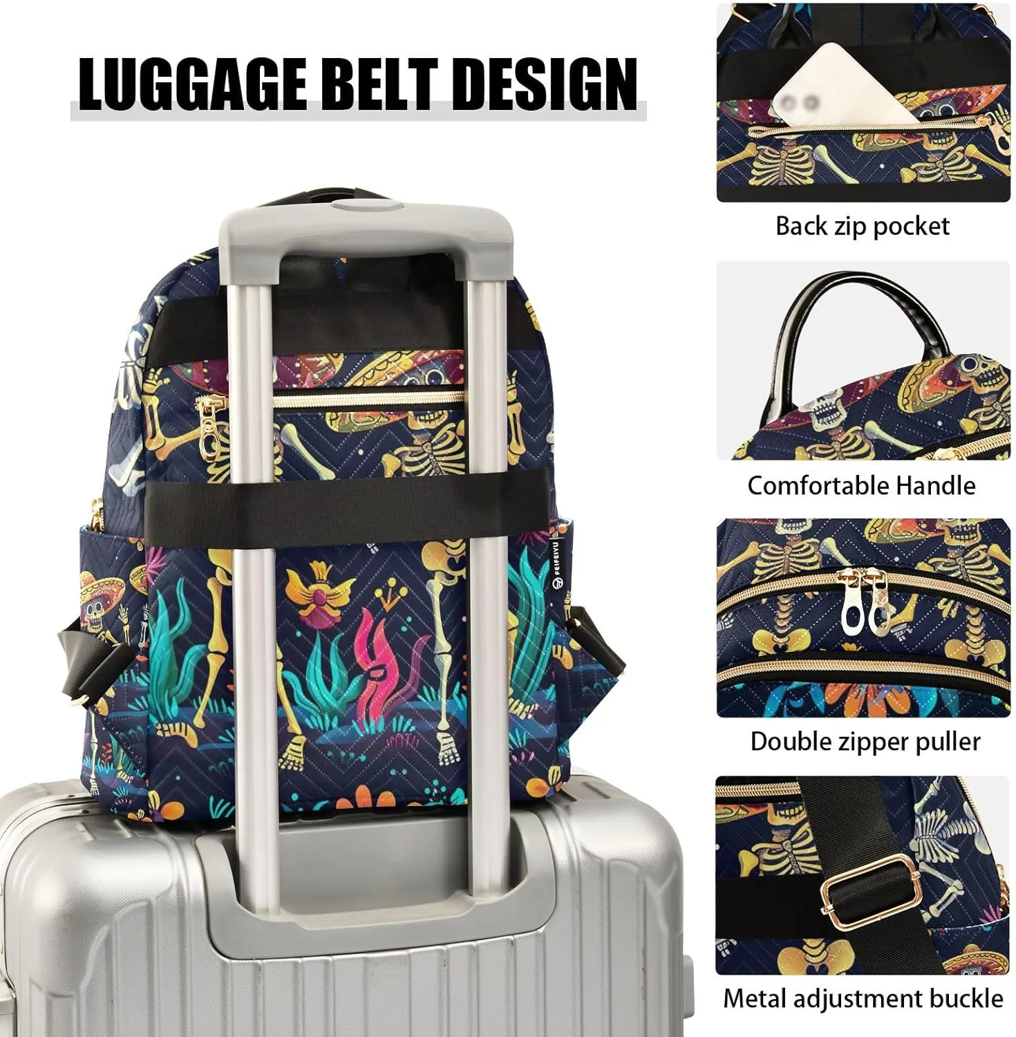 ODAWA Quilted Backpack Cinco De Mayo Dancing Cute Skeletons Purse Backpack for Women Small Travel Backpack with Luggage Strap