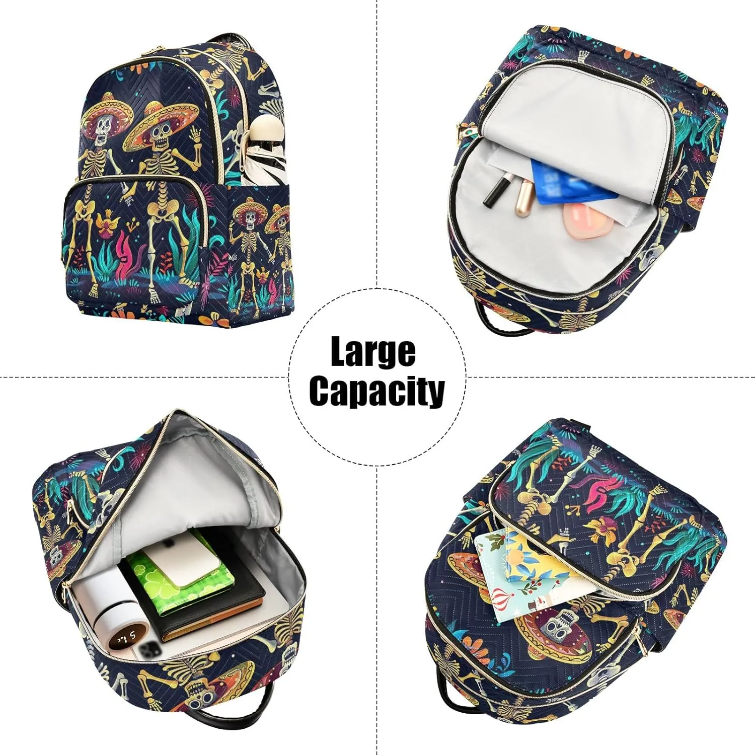 ODAWA Quilted Backpack Cinco De Mayo Dancing Cute Skeletons Purse Backpack for Women Small Travel Backpack with Luggage Strap