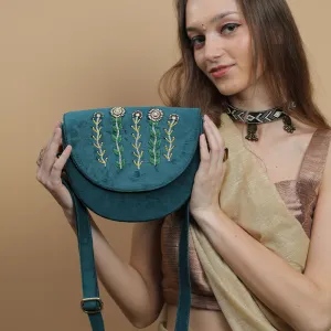 Olive hand embroidered lune bag