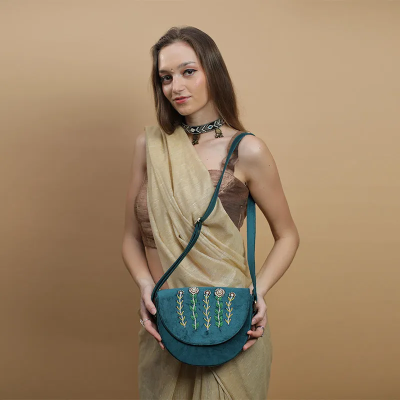 Olive hand embroidered lune bag