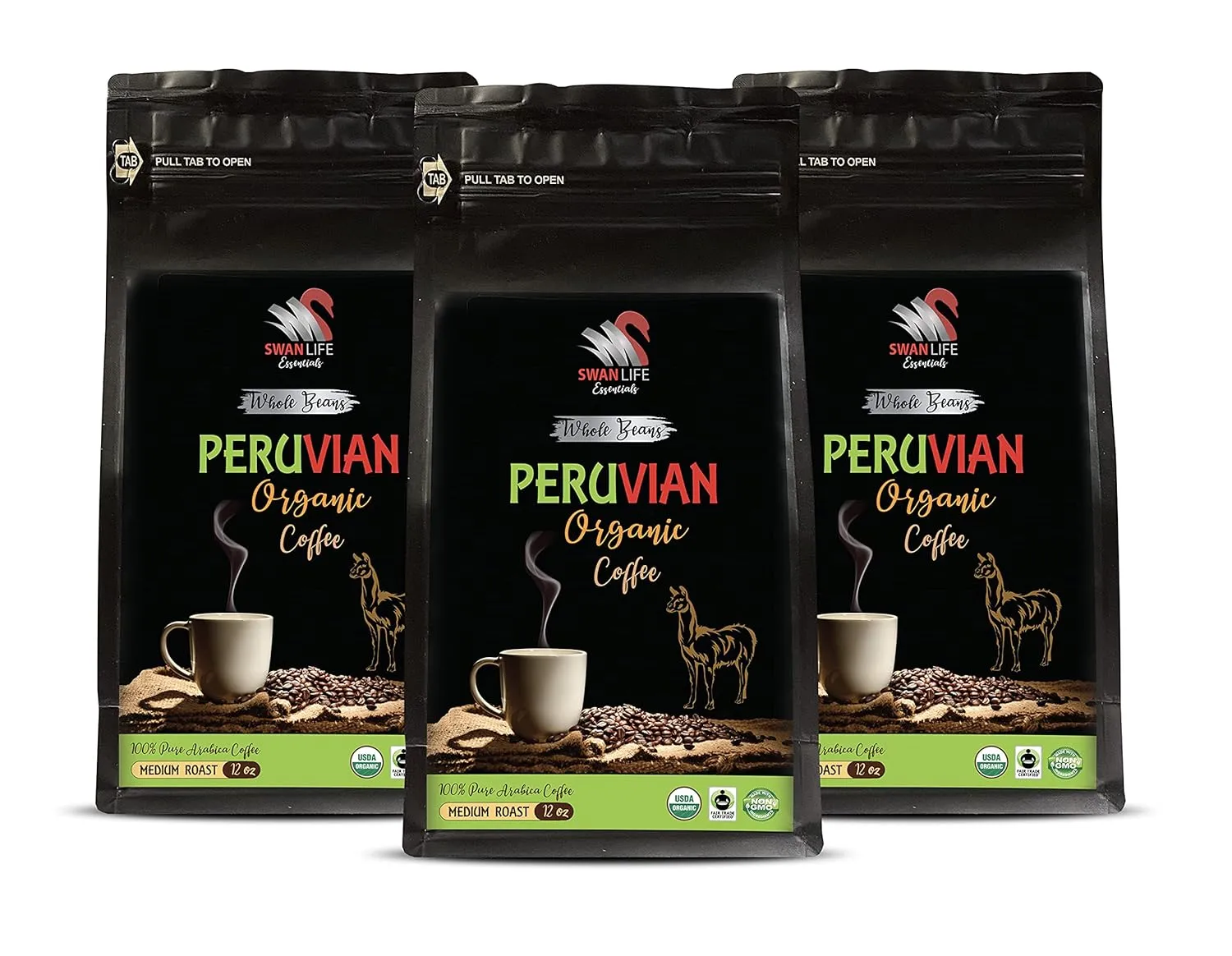 organic coffee 12oz - PERUVIAN COFFEE ORGANIC WHOLE BEANS, medium roast, arabica, low acidity - medium roast breakfast blend, 3 Bags (36 oz)