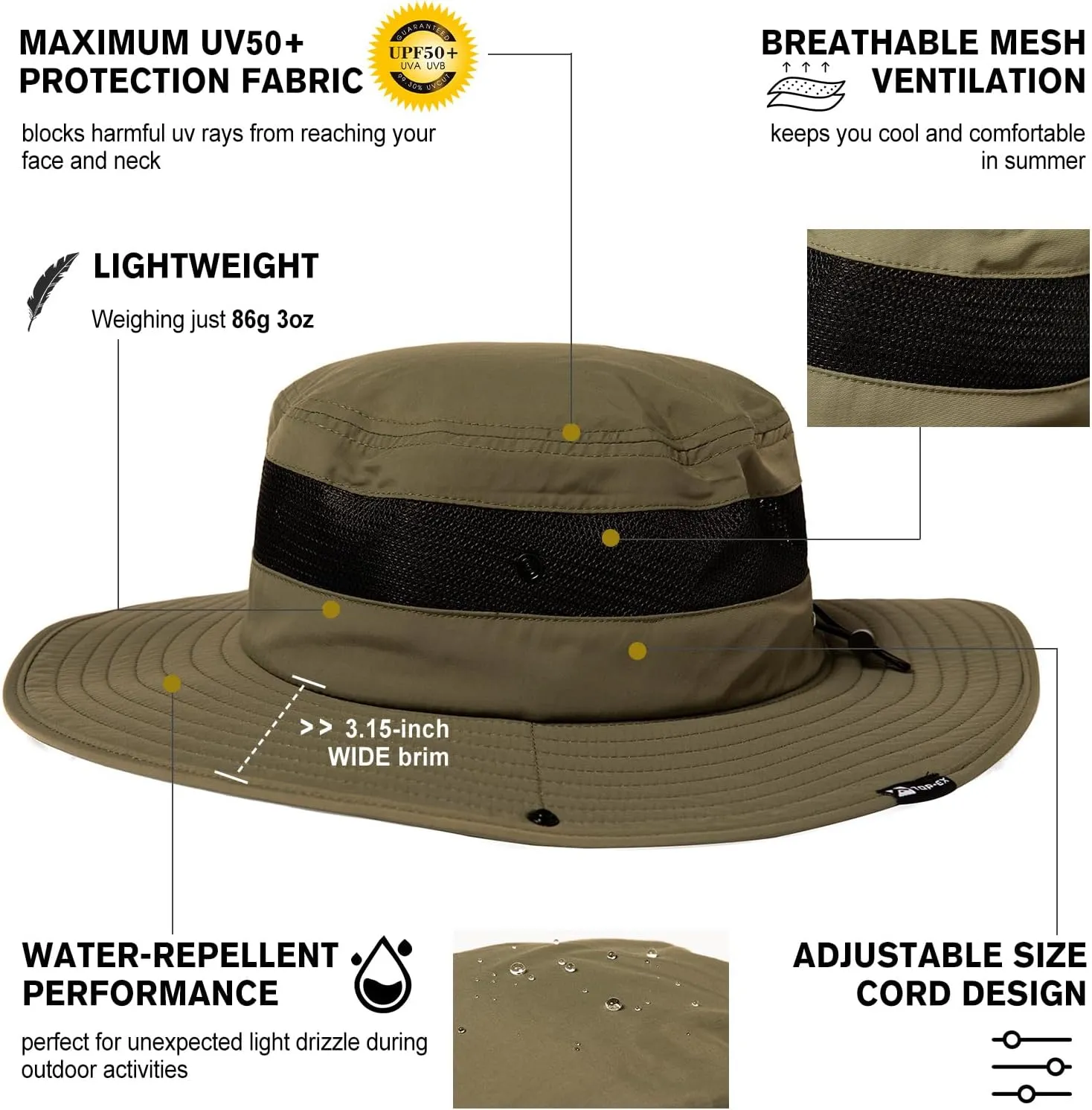 Oversized XL XXL Mens Waterproof UPF50  Golf Bucket Sun Hats Big Head Boonie Safari Wide Brim Fishing