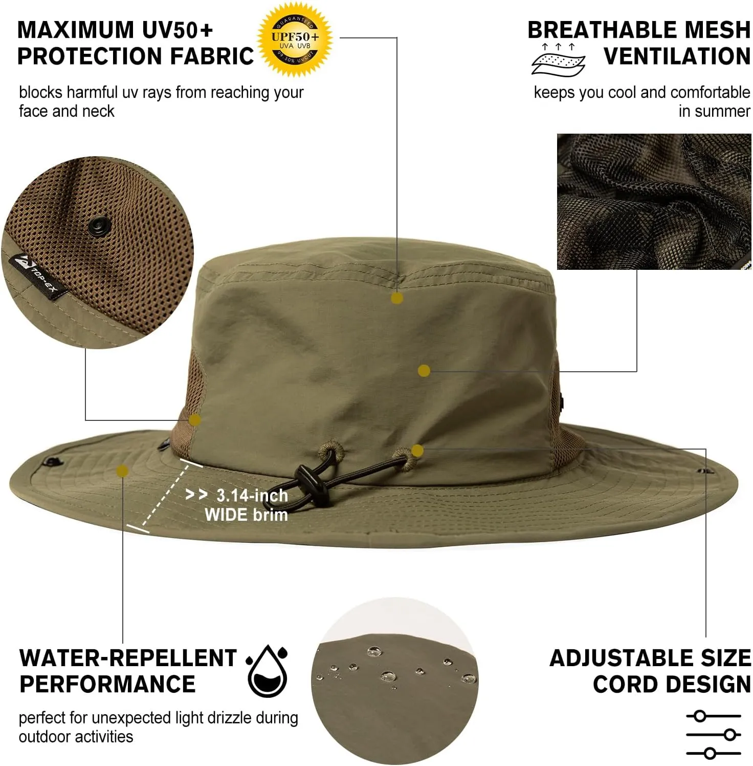 Oversized XL XXL Mens Waterproof UPF50  Golf Bucket Sun Hats Big Head Boonie Safari Wide Brim Fishing