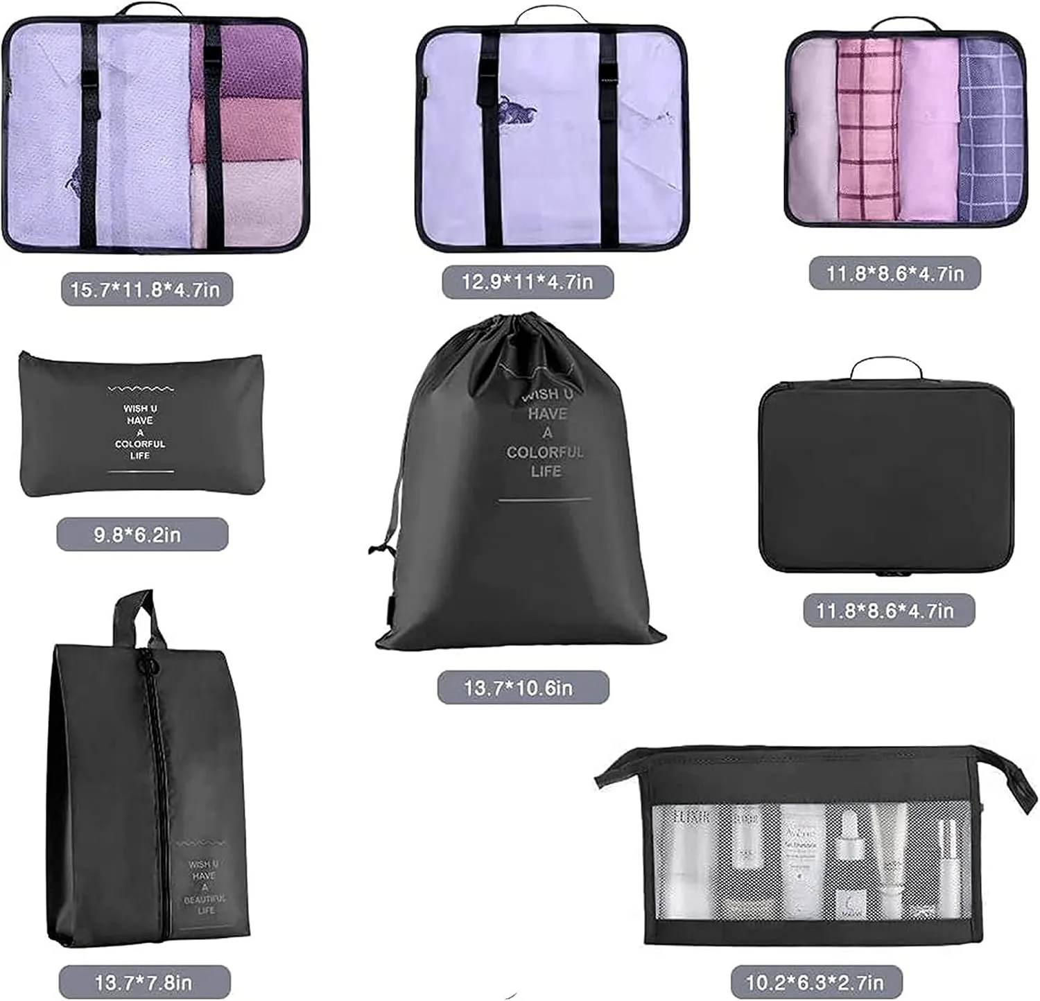 Packing Cubes For Suitcase, 8pcs Set Travel Organizer Bags, Waterproof (Grey)