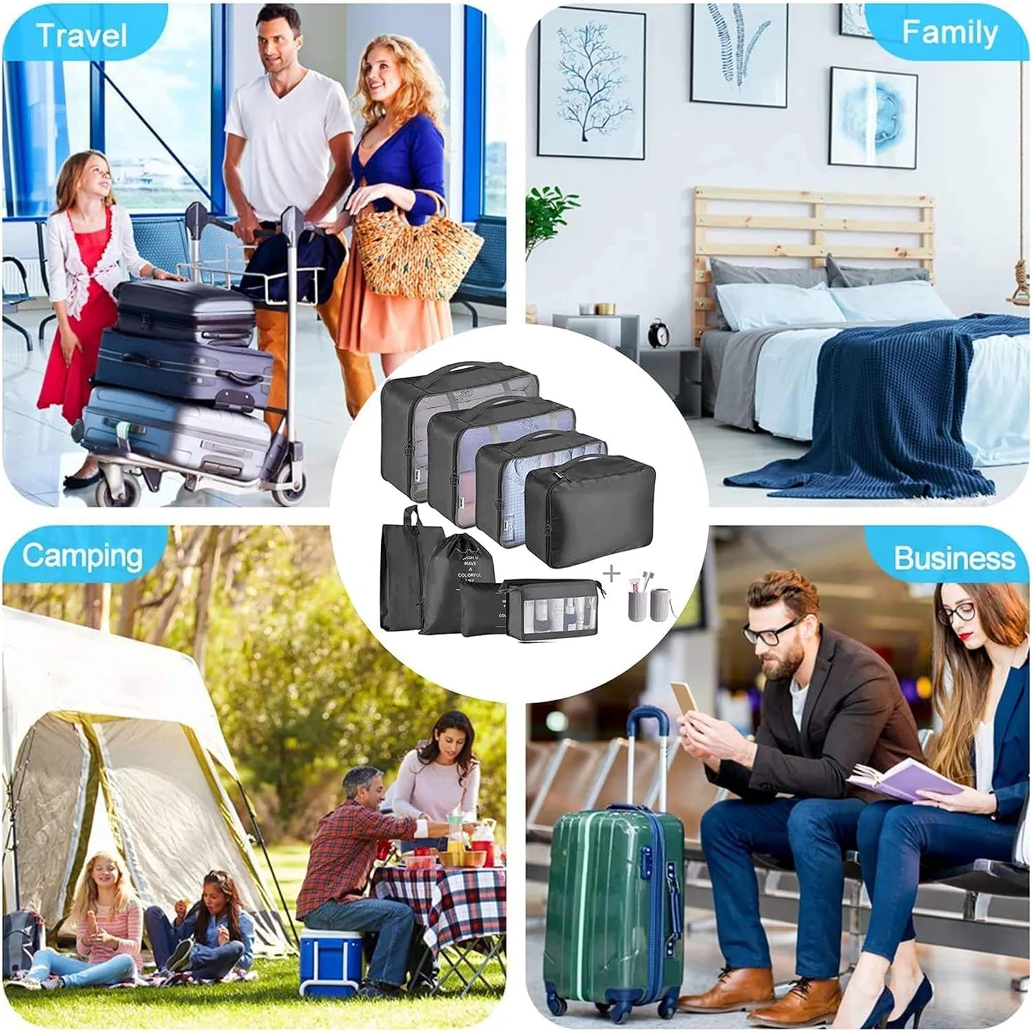 Packing Cubes For Suitcase, 8pcs Set Travel Organizer Bags, Waterproof (Grey)