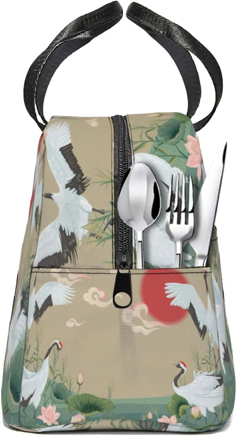 Painted Lunch Bag Women, Crane Field Adult Lunch Box with Side Pockets,Reusable Insulated Lunch Tote Bags Handbags Perfect for Adult Travel Picnic