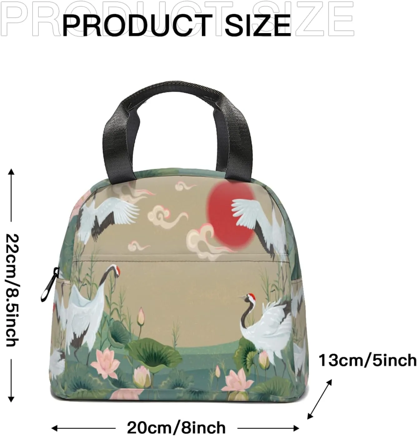 Painted Lunch Bag Women, Crane Field Adult Lunch Box with Side Pockets,Reusable Insulated Lunch Tote Bags Handbags Perfect for Adult Travel Picnic