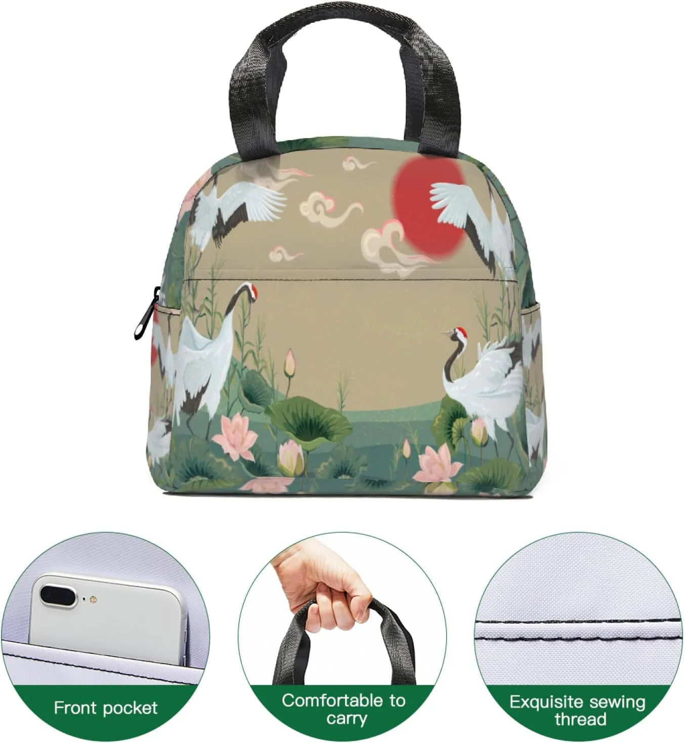 Painted Lunch Bag Women, Crane Field Adult Lunch Box with Side Pockets,Reusable Insulated Lunch Tote Bags Handbags Perfect for Adult Travel Picnic