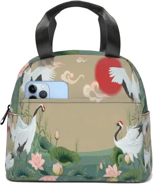 Painted Lunch Bag Women, Crane Field Adult Lunch Box with Side Pockets,Reusable Insulated Lunch Tote Bags Handbags Perfect for Adult Travel Picnic