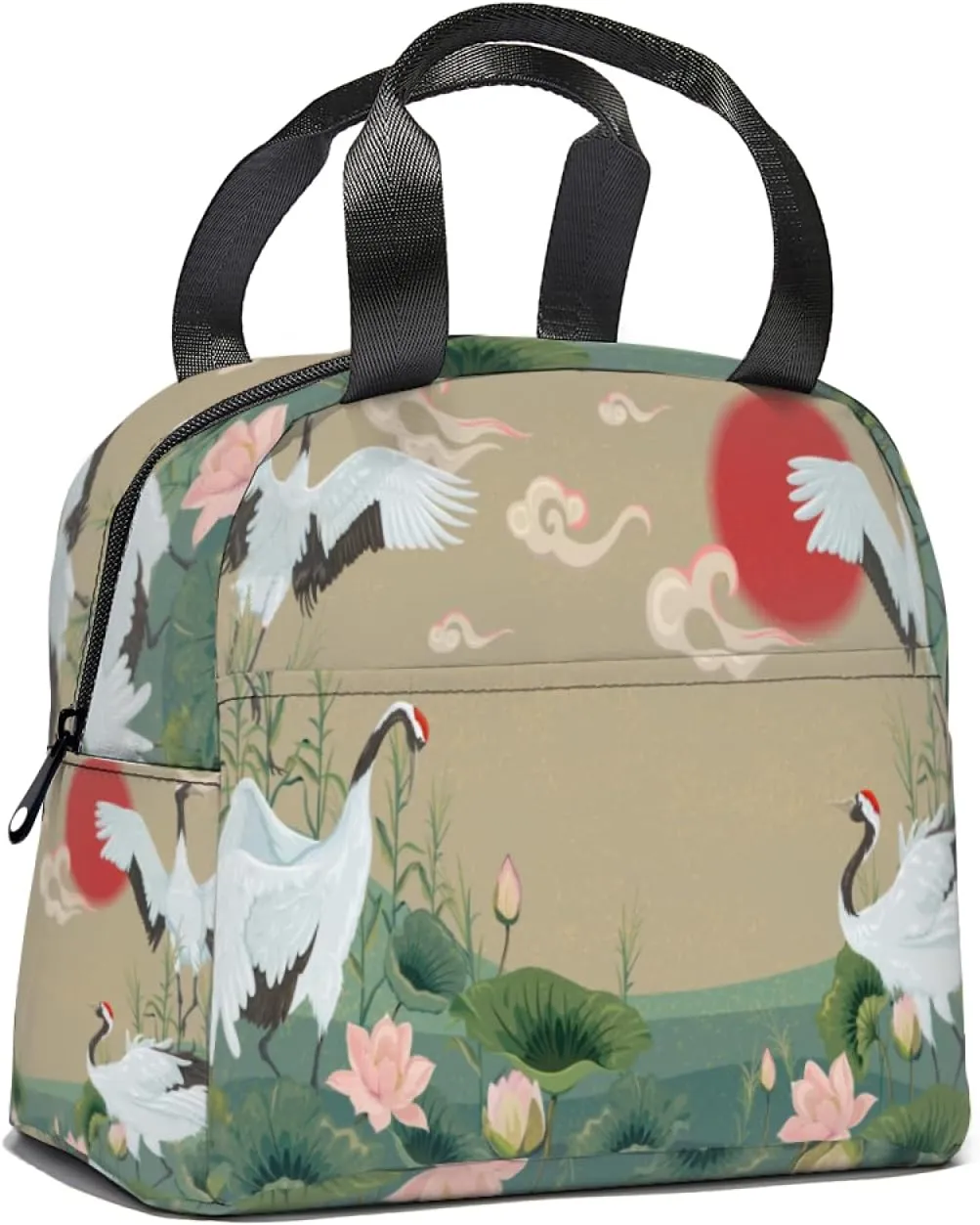 Painted Lunch Bag Women, Crane Field Adult Lunch Box with Side Pockets,Reusable Insulated Lunch Tote Bags Handbags Perfect for Adult Travel Picnic