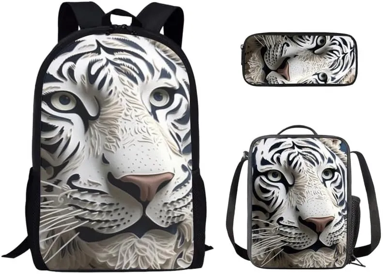 Paper Sculpture Tiger School Backpack Boys Girls Kids White Tiger Hand Drawing School Bookbag Set with Lunch Box and Pencil Case for Kids Boys Girls Back to School Gifts