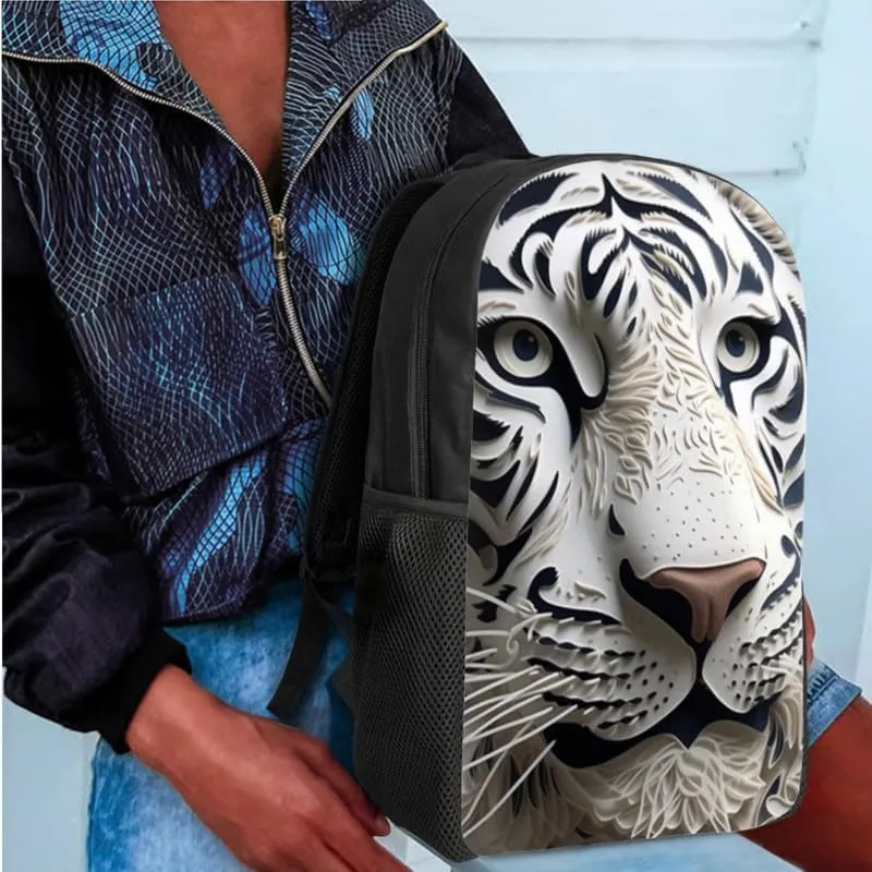 Paper Sculpture Tiger School Backpack Boys Girls Kids White Tiger Hand Drawing School Bookbag Set with Lunch Box and Pencil Case for Kids Boys Girls Back to School Gifts
