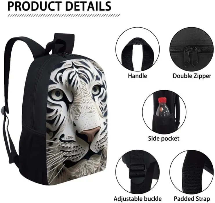 Paper Sculpture Tiger School Backpack Boys Girls Kids White Tiger Hand Drawing School Bookbag Set with Lunch Box and Pencil Case for Kids Boys Girls Back to School Gifts