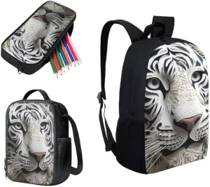 Paper Sculpture Tiger School Backpack Boys Girls Kids White Tiger Hand Drawing School Bookbag Set with Lunch Box and Pencil Case for Kids Boys Girls Back to School Gifts