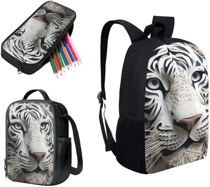 Paper Sculpture Tiger School Backpack Boys Girls Kids White Tiger Hand Drawing School Bookbag Set with Lunch Box and Pencil Case for Kids Boys Girls Back to School Gifts