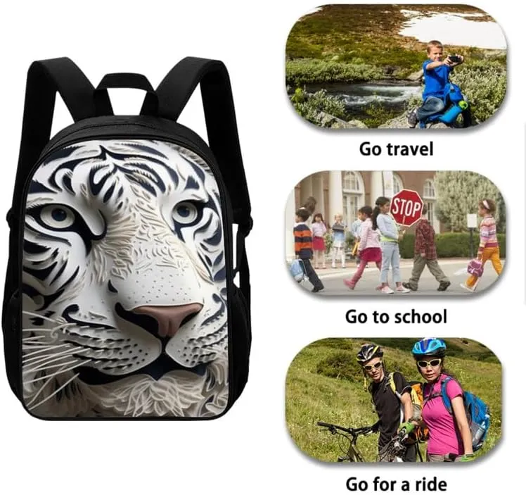 Paper Sculpture Tiger School Backpack Boys Girls Kids White Tiger Hand Drawing School Bookbag Set with Lunch Box and Pencil Case for Kids Boys Girls Back to School Gifts