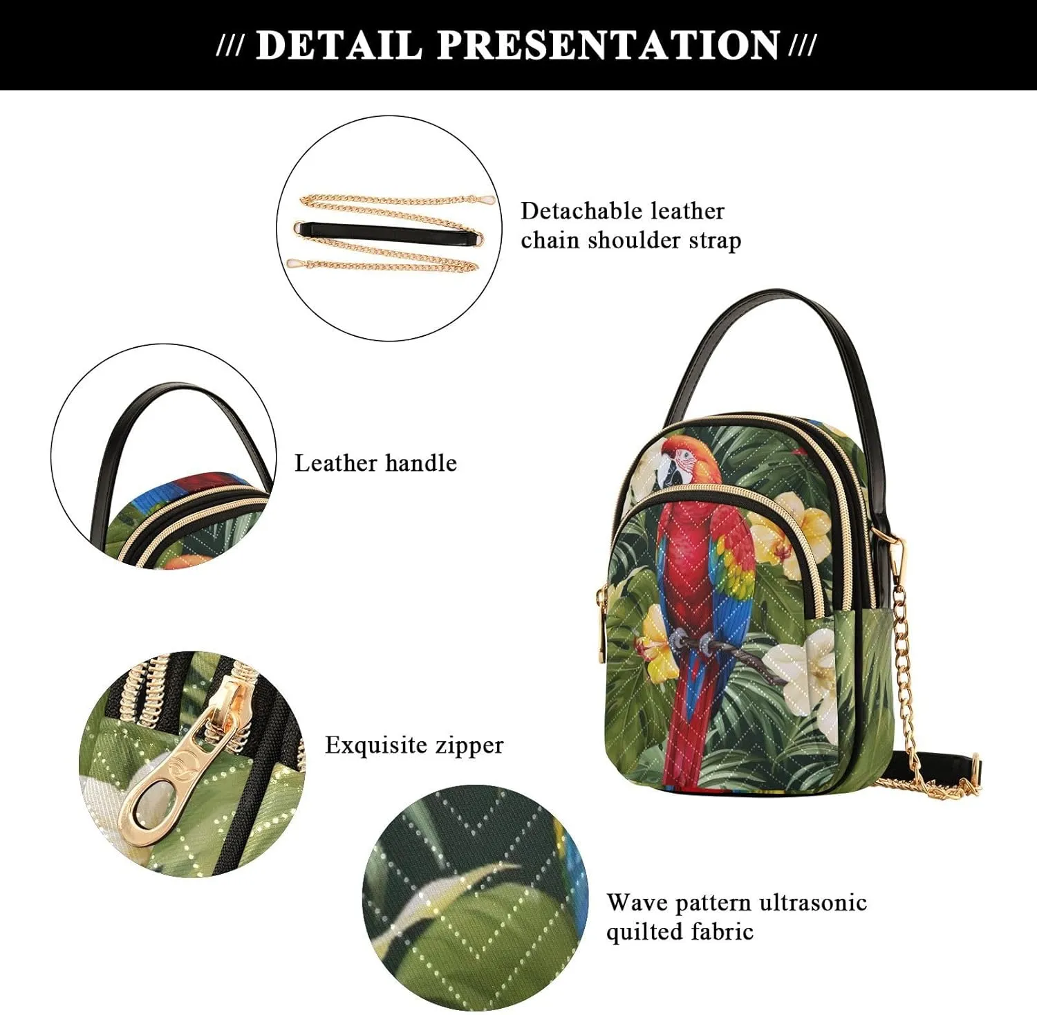 Parrots and Tropical Flowers Women's Crossbody Bags, Casual Crossbody Purse Gold Chain Crossbody Bag