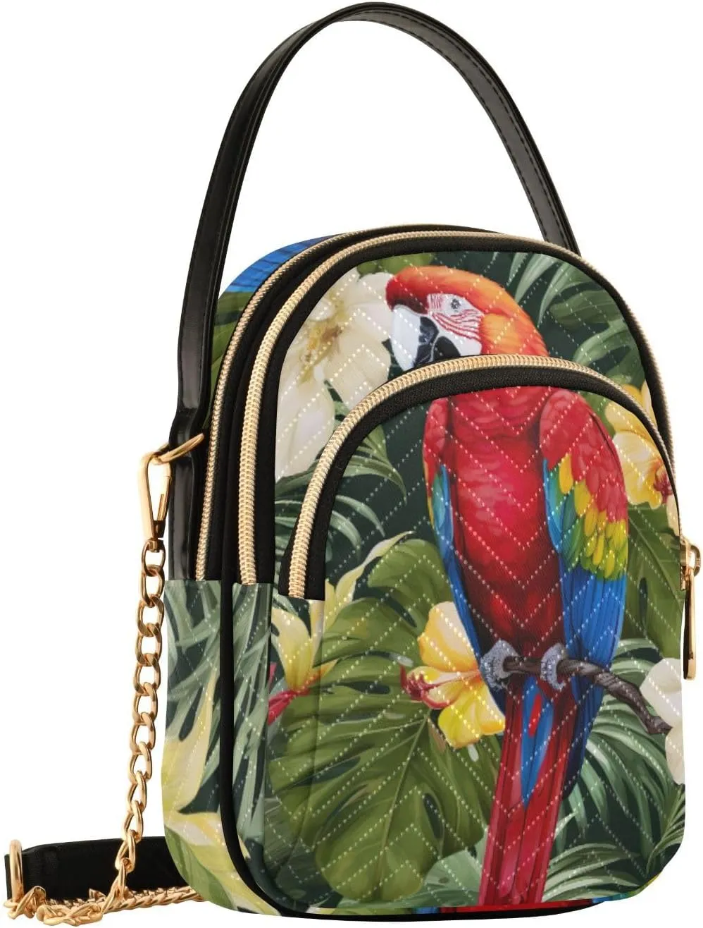 Parrots and Tropical Flowers Women's Crossbody Bags, Casual Crossbody Purse Gold Chain Crossbody Bag
