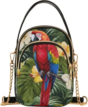 Parrots and Tropical Flowers Women's Crossbody Bags, Casual Crossbody Purse Gold Chain Crossbody Bag