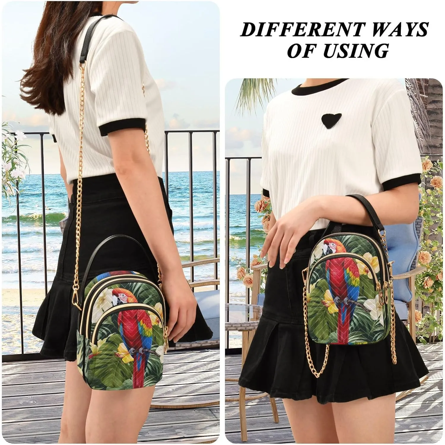 Parrots and Tropical Flowers Women's Crossbody Bags, Casual Crossbody Purse Gold Chain Crossbody Bag