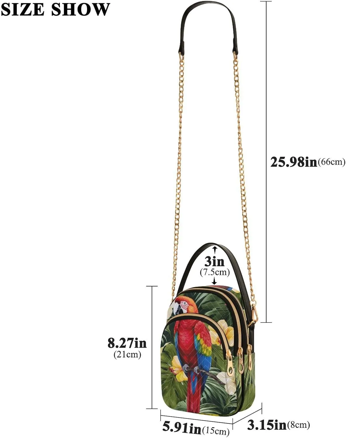 Parrots and Tropical Flowers Women's Crossbody Bags, Casual Crossbody Purse Gold Chain Crossbody Bag