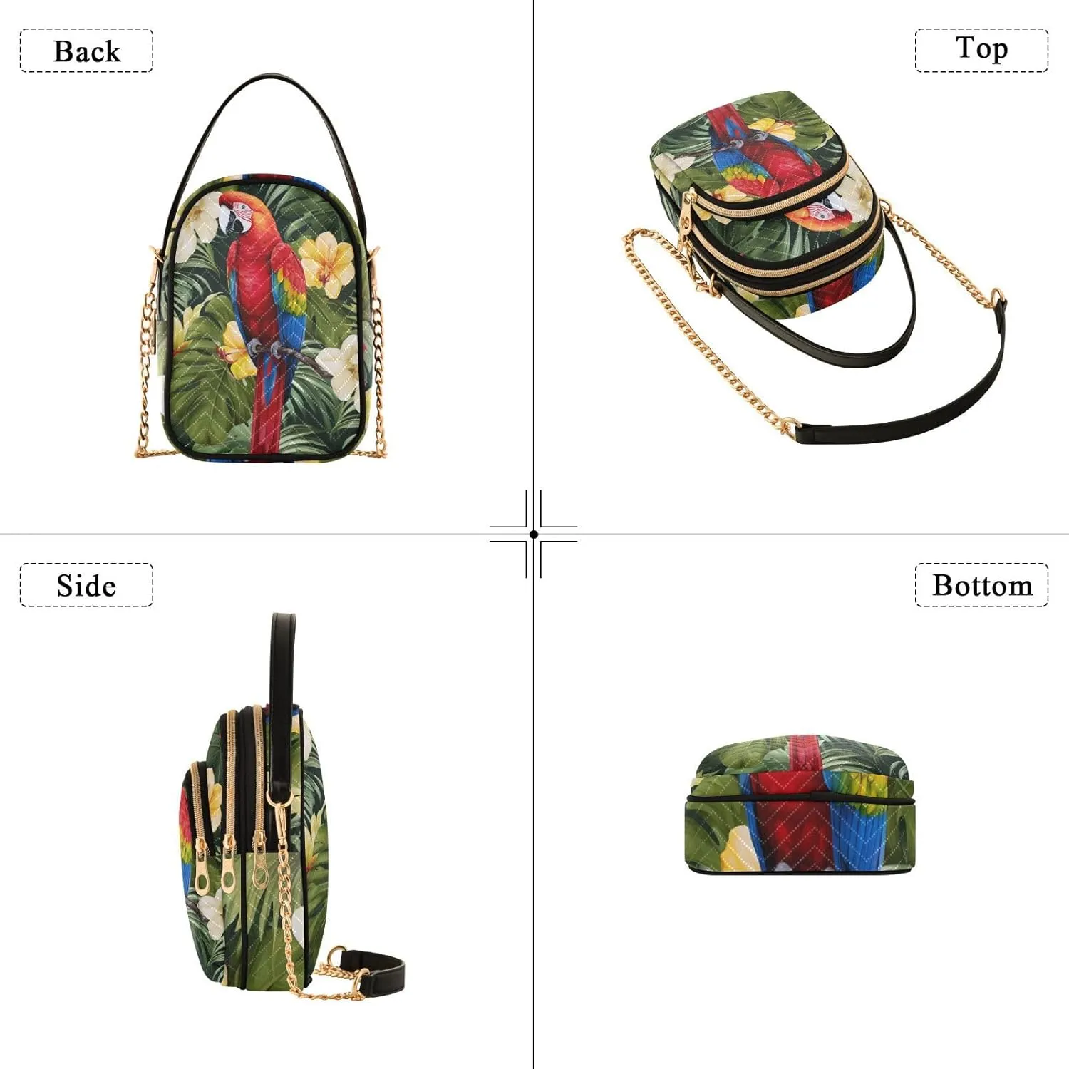 Parrots and Tropical Flowers Women's Crossbody Bags, Casual Crossbody Purse Gold Chain Crossbody Bag