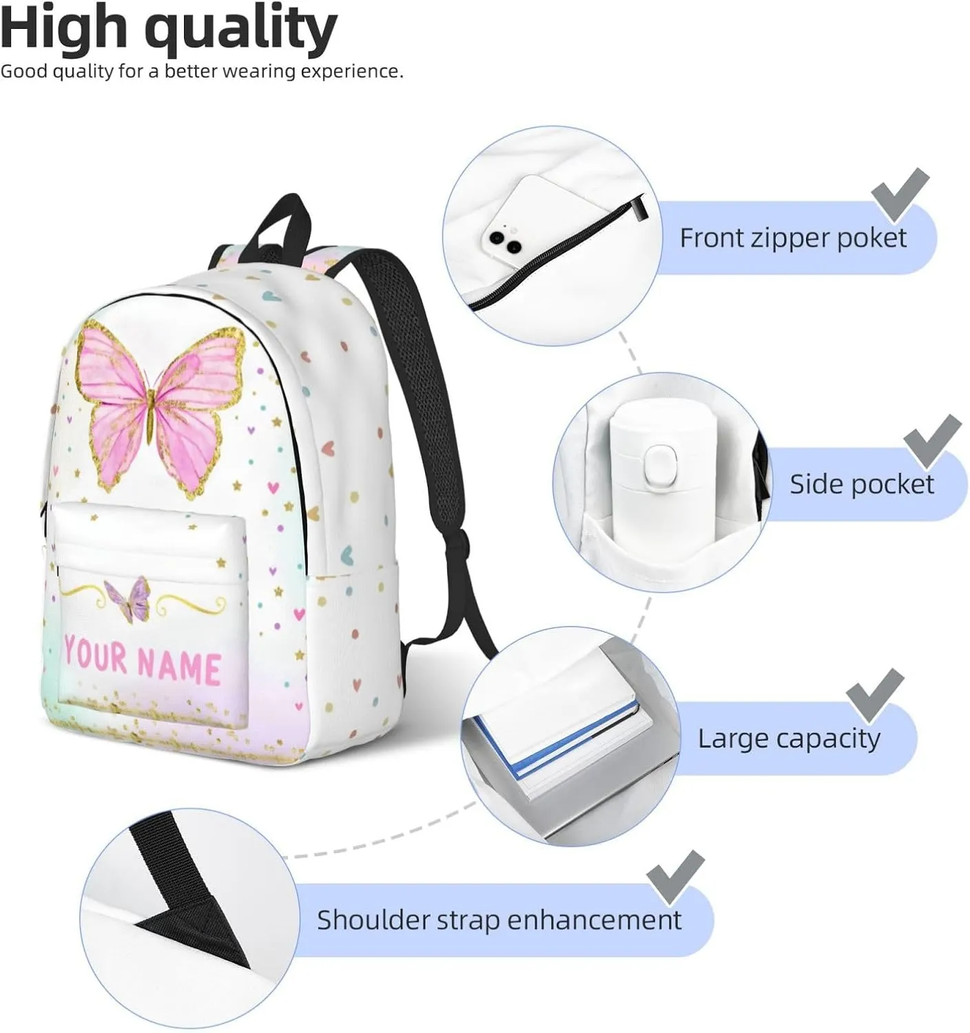 Personalized Backpack for Girls Boys, Custom Backpacks with Name, Customized Butterfly School Bookbag for Kids, Personalized Casual Bookbags for Back to School Travel Picnic 15in
