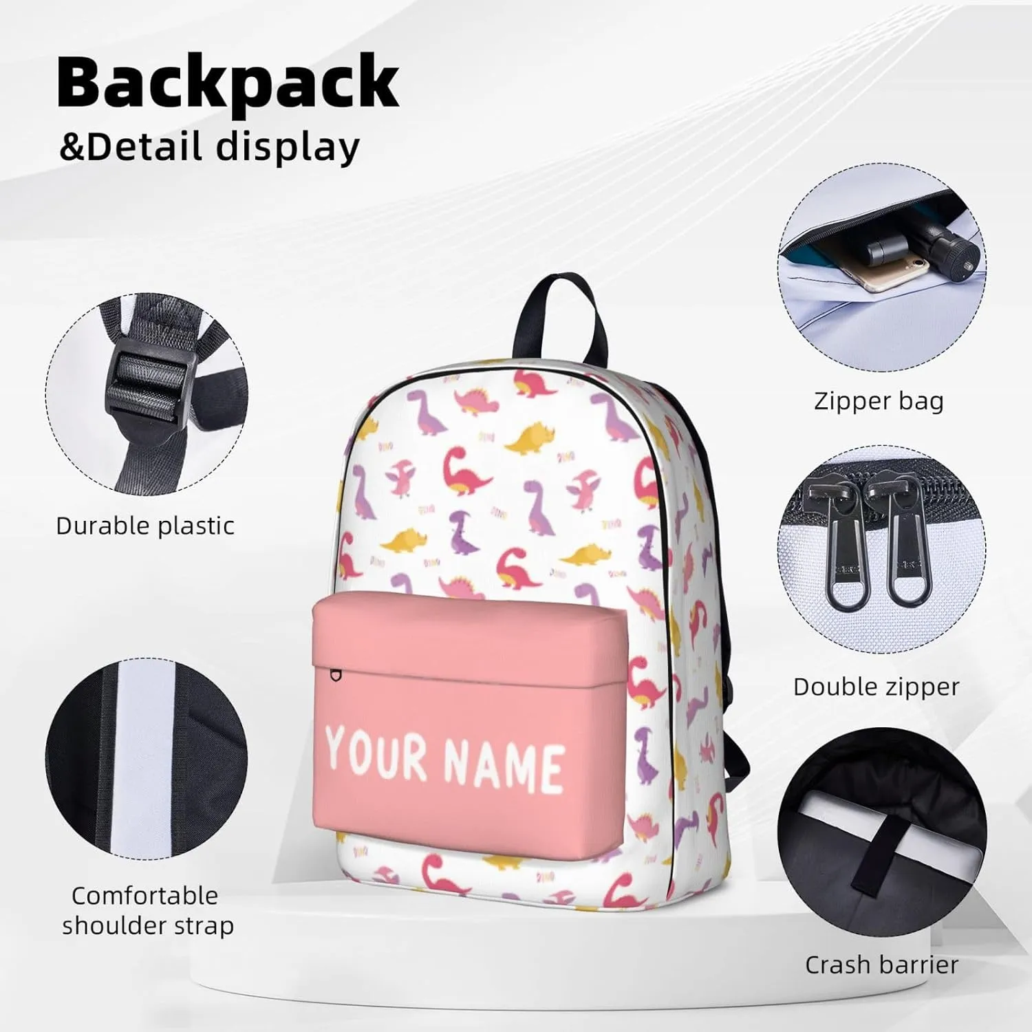Personalized Backpack for Girls Boys, Custom Backpacks with Name, Customized Dinosaur School Bookbag for Kids, Personalized Casual Bookbags for Back to School Travel Picnic 17in