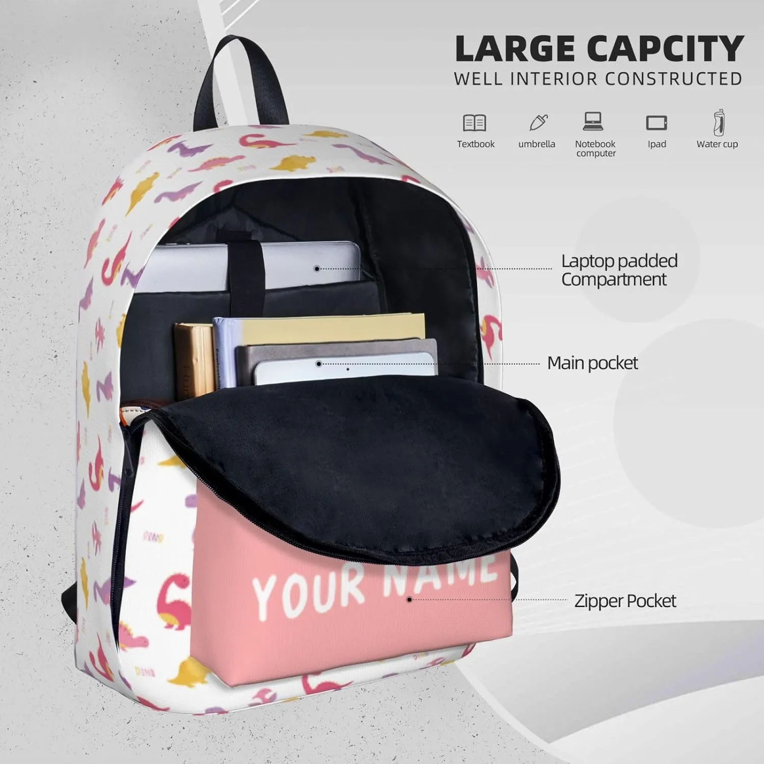Personalized Backpack for Girls Boys, Custom Backpacks with Name, Customized Dinosaur School Bookbag for Kids, Personalized Casual Bookbags for Back to School Travel Picnic 17in