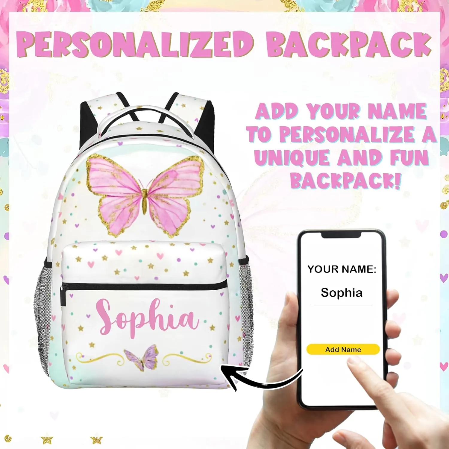 Personalized Backpack for Girls Boys, Custom Backpacks with Name for Kids, Customized Butterfly School Bookbag for Back to School Travel Picnic 16in