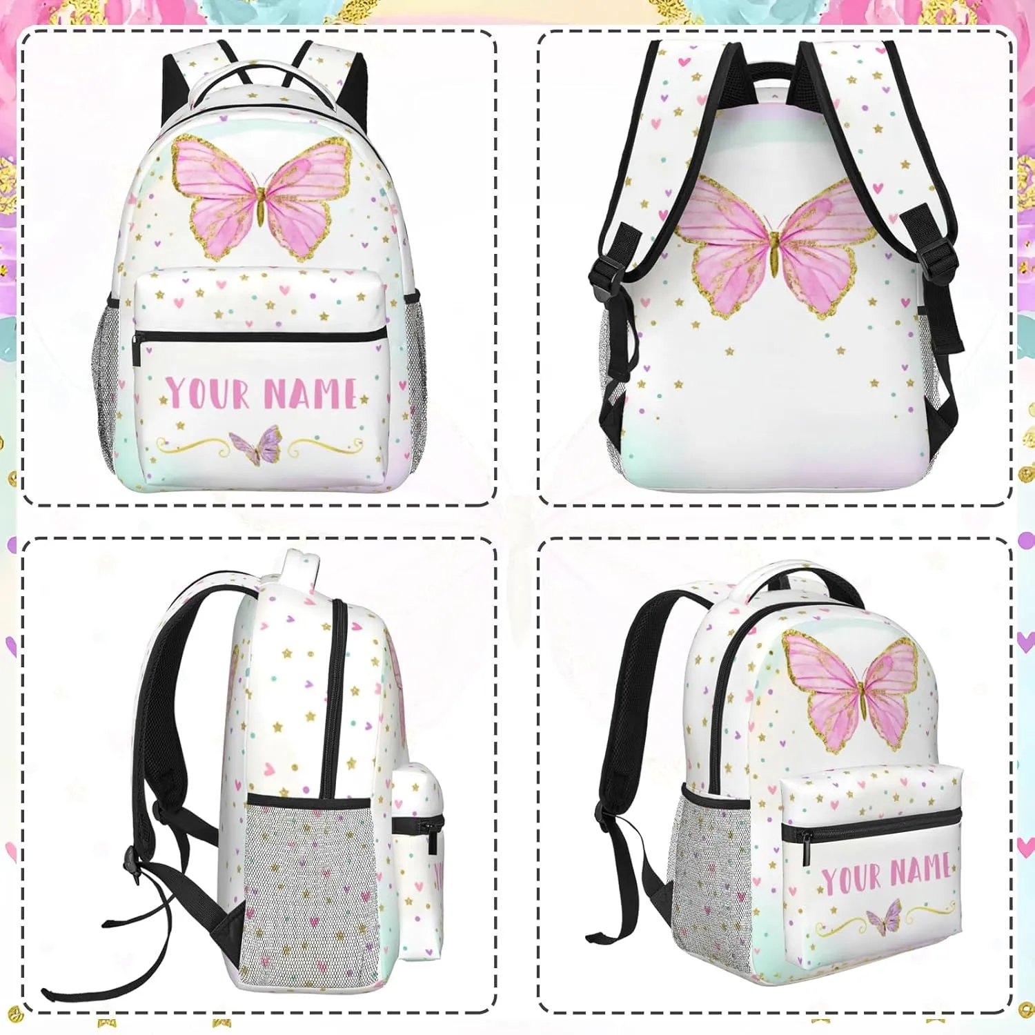 Personalized Backpack for Girls Boys, Custom Backpacks with Name for Kids, Customized Butterfly School Bookbag for Back to School Travel Picnic 16in