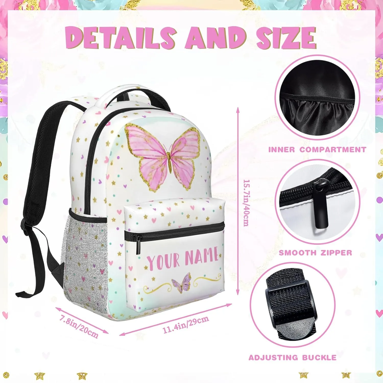 Personalized Backpack for Girls Boys, Custom Backpacks with Name for Kids, Customized Butterfly School Bookbag for Back to School Travel Picnic 16in