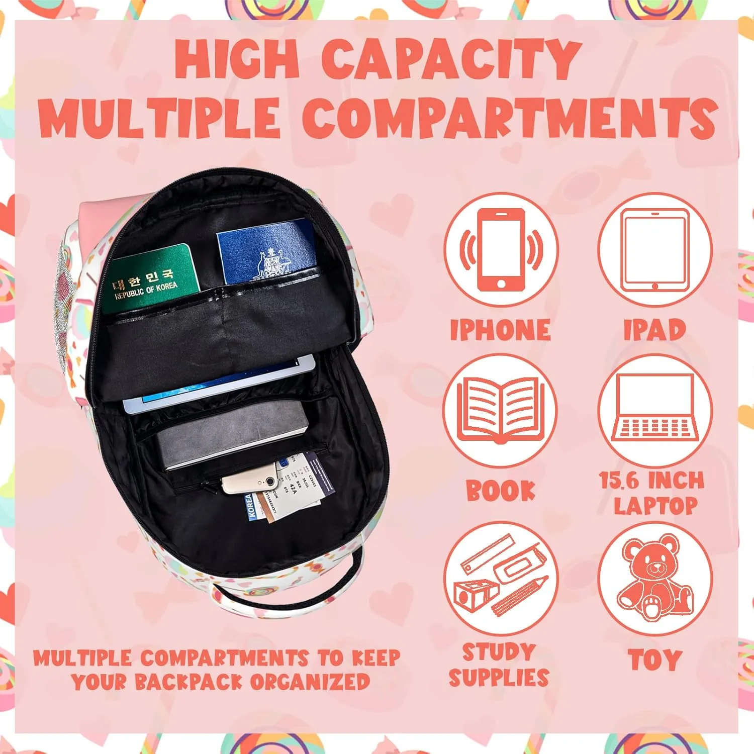 Personalized Backpack for Girls Boys, Custom Backpacks with Name for Kids, Customized Candy School Bookbag for Back to School Travel Picnic 16in