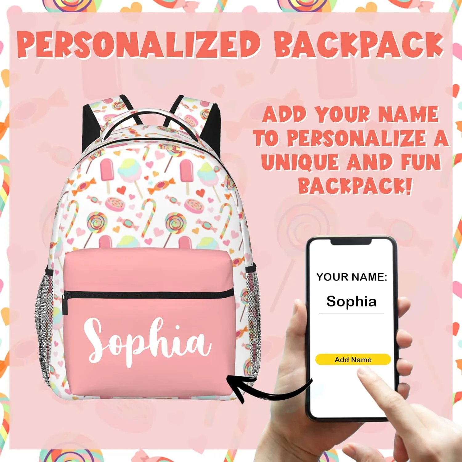 Personalized Backpack for Girls Boys, Custom Backpacks with Name for Kids, Customized Candy School Bookbag for Back to School Travel Picnic 16in