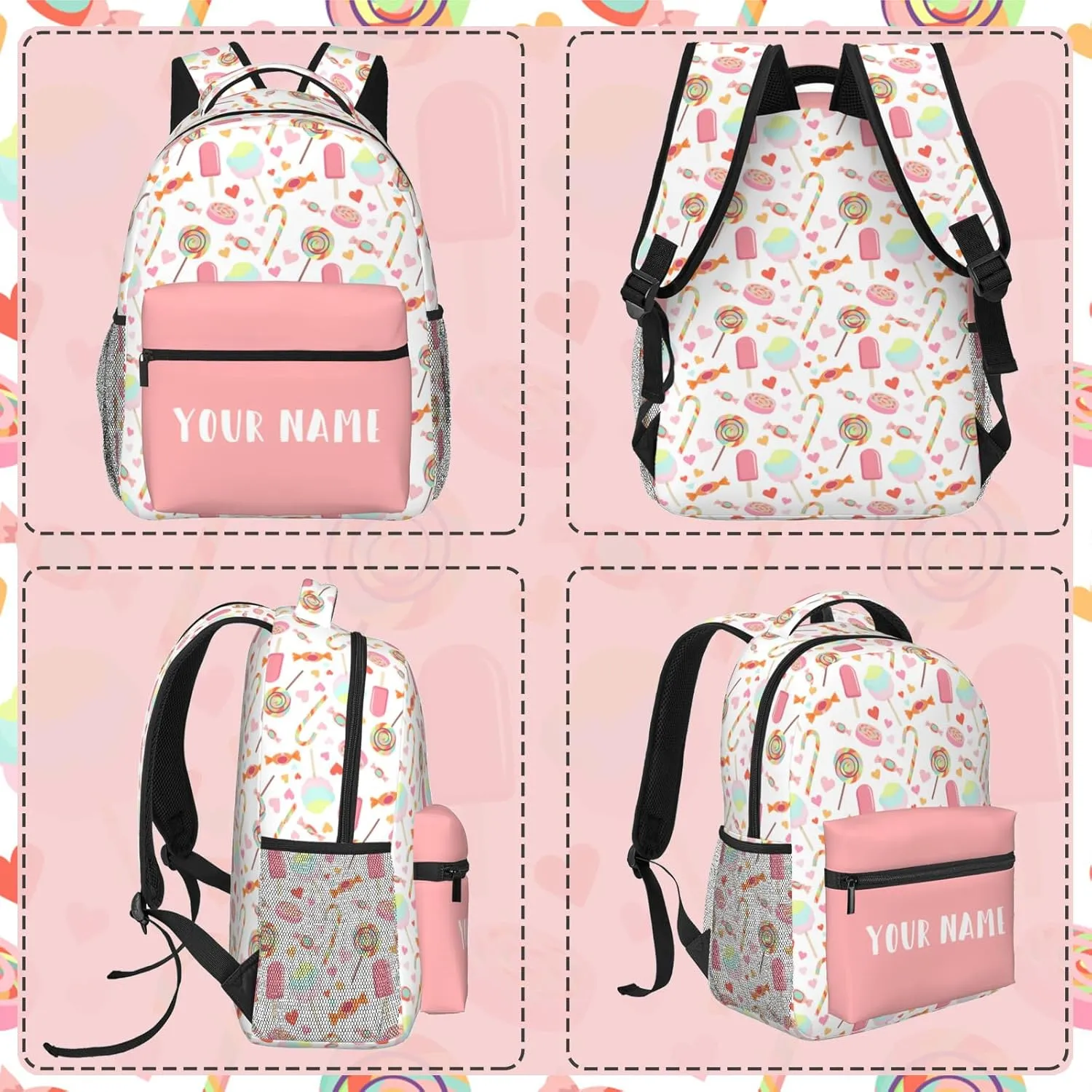 Personalized Backpack for Girls Boys, Custom Backpacks with Name for Kids, Customized Candy School Bookbag for Back to School Travel Picnic 16in