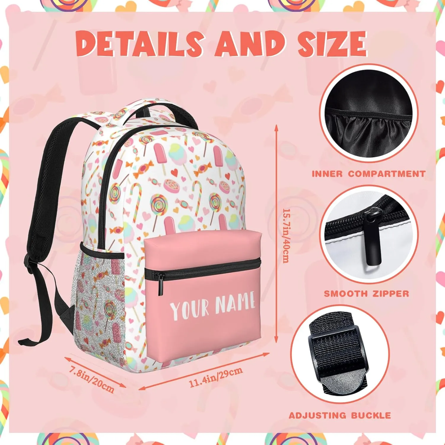 Personalized Backpack for Girls Boys, Custom Backpacks with Name for Kids, Customized Candy School Bookbag for Back to School Travel Picnic 16in