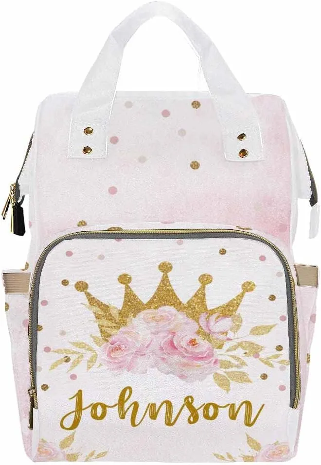Personalized Backpack with Name, Golden Crown Flower Custom Diaper Bag Mommy Nappy Bag Fashion Shoulder Bag Casual Daypack Multi-Function Bag for Travel